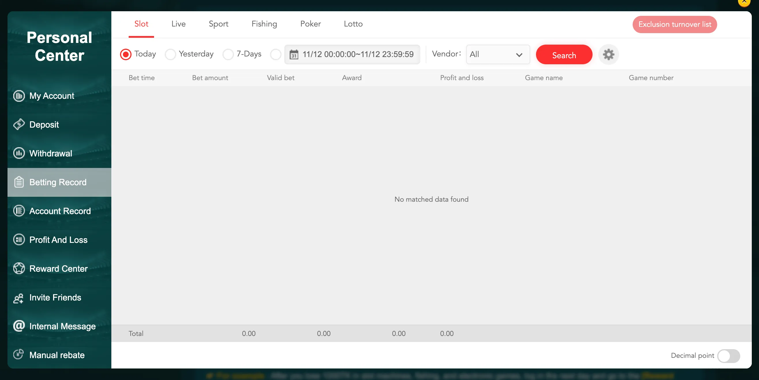 Betting history in EK333 app