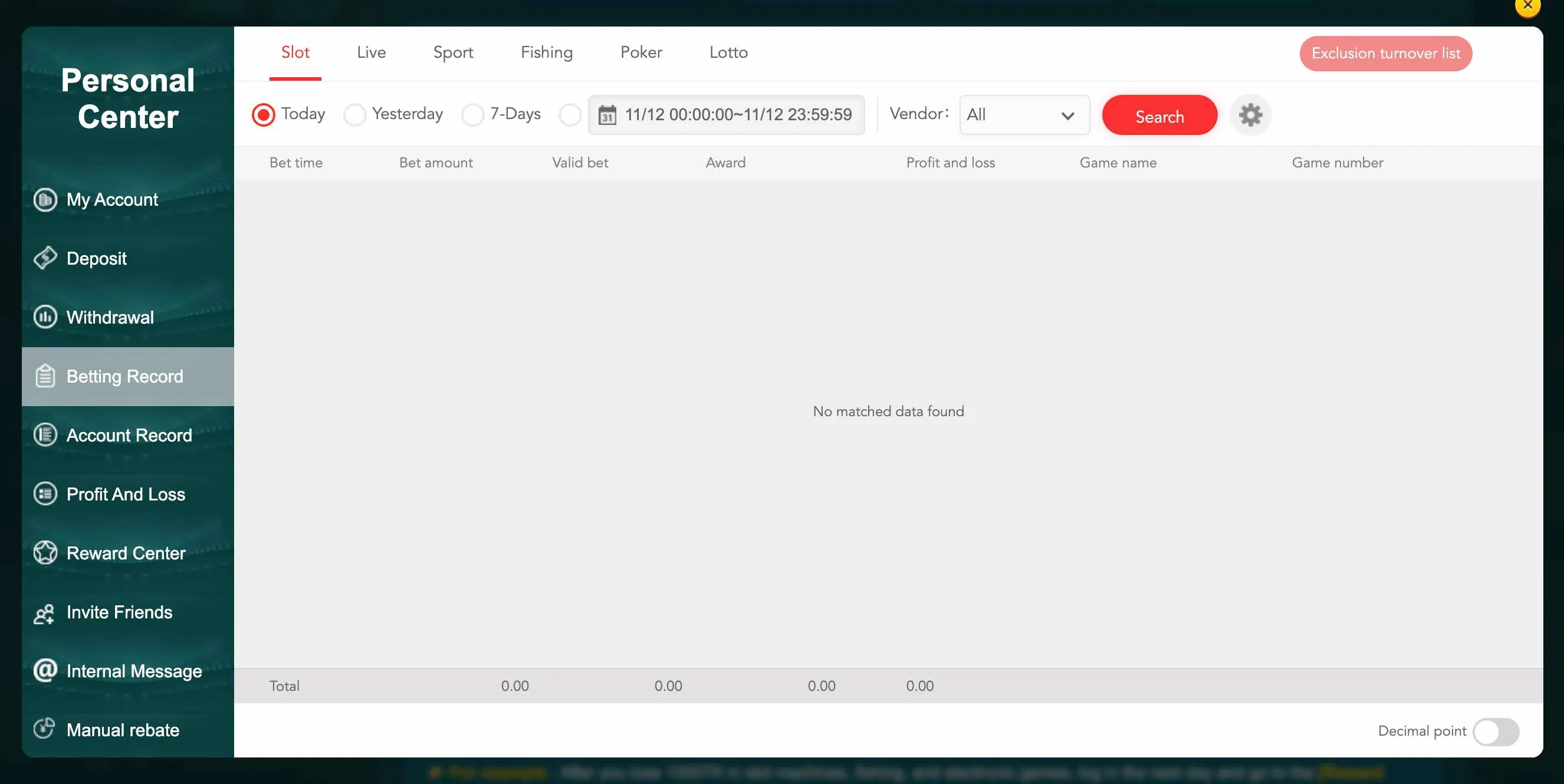 Betting history in EK333 app