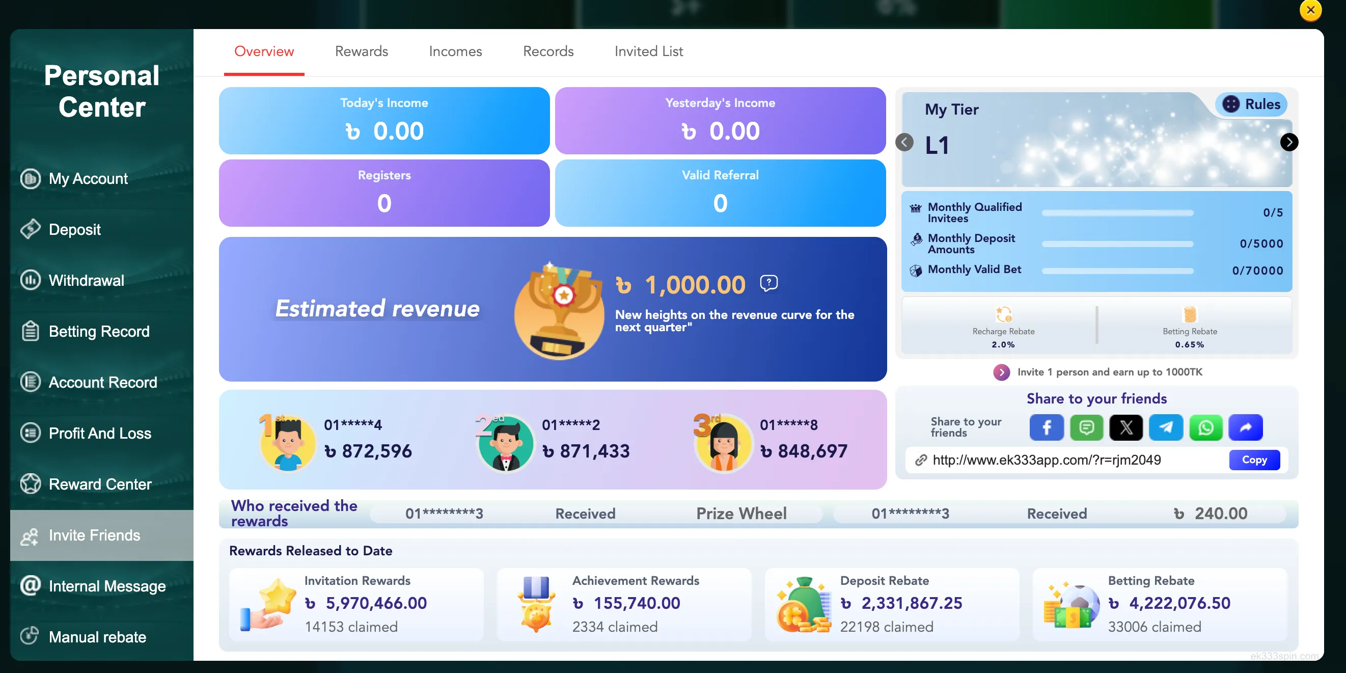 Invite friends bonus EK333