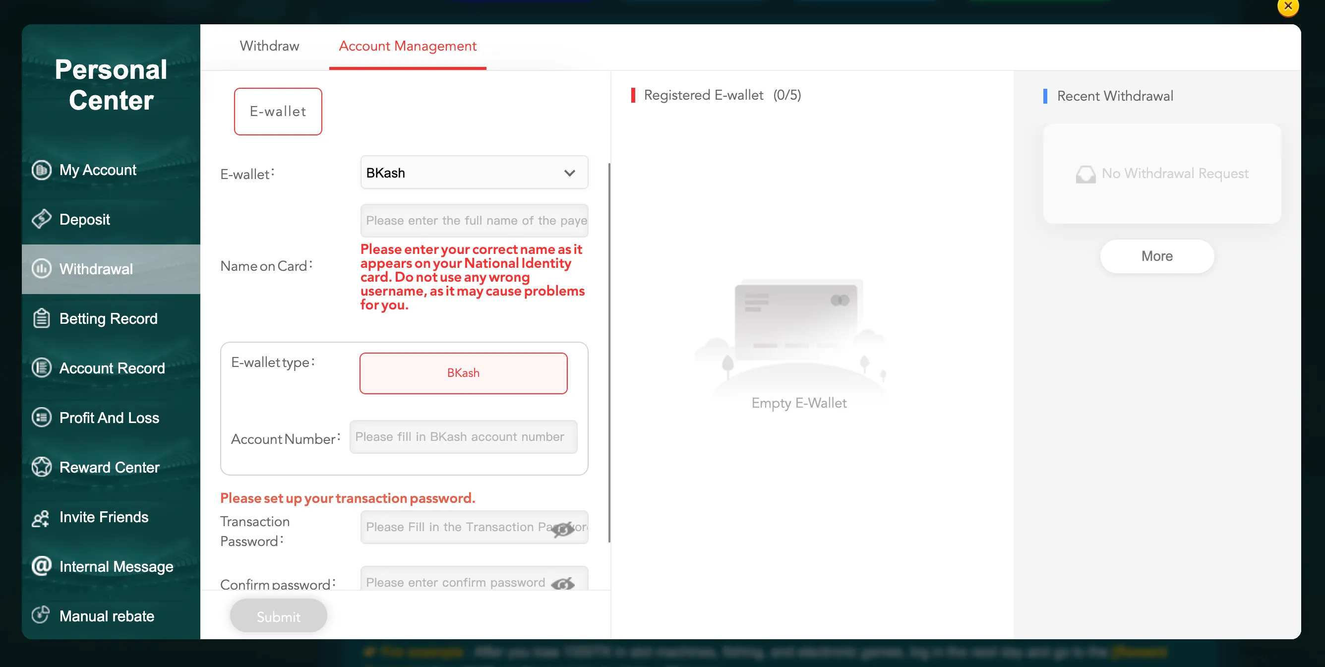 Adding EK333 wallet details